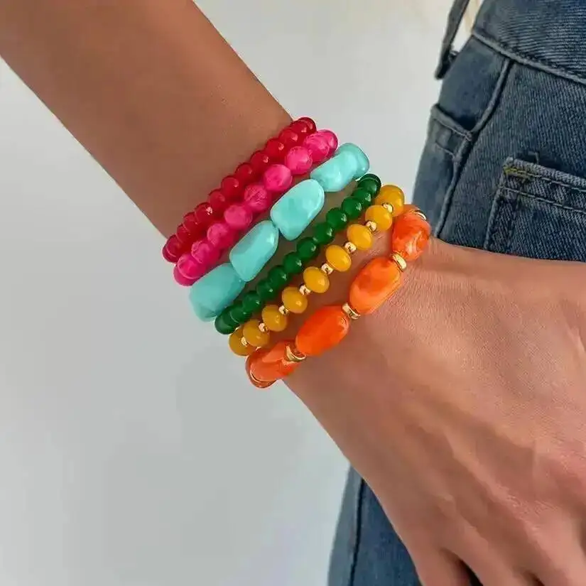 SHIXIN 6 Pcs/set New Bohemia Colorful Resin Acrylic Beads Bracelets Women 2026 New Fashion Geometric Beaded Bangles Y2K Jewelry
