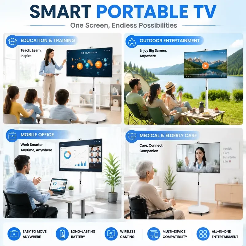BOLRZO 32-Inch portable smart TV with stand wheels, 1080P Android touchscreen, suitable for commercial digital signage in