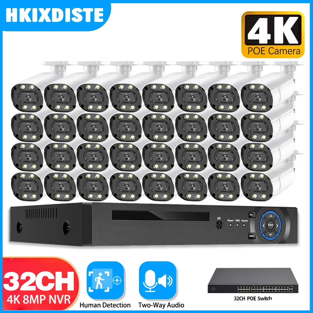 

32CH 4K Video Surveillance System 8MP Ai Human Detection Outdoor Two Way Audio Color Night Vision Security Camera Kit Xmeye P2P