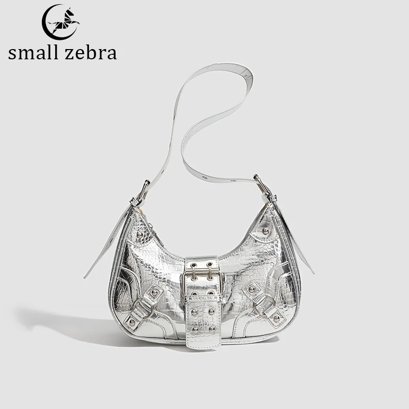 

Crocodile Pattern Crescent Bag Locomotive Girl Single Shoulder Bag Women's Bag Rivet Personalized Pleated Underarm Crossbody Bag