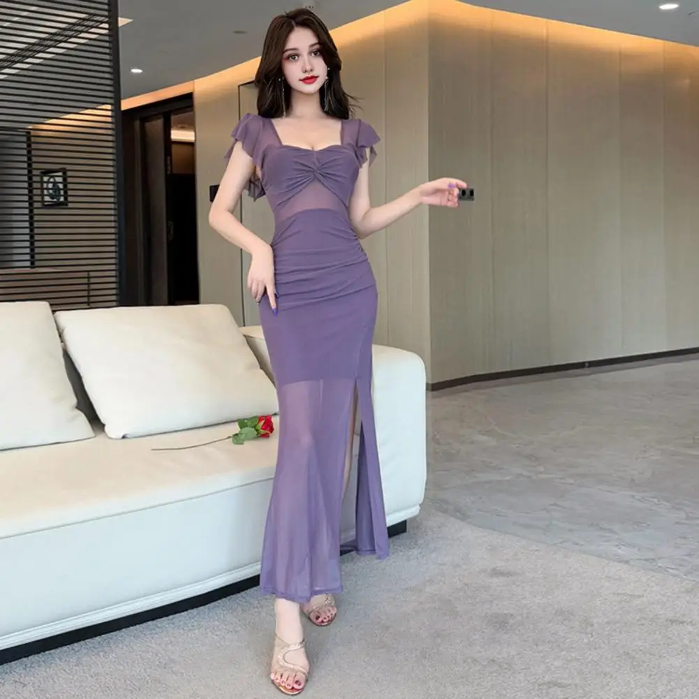 Women Fashion Dress Elegant Sheer Mesh Bodycon Dress with Slit for Women Sexy Cap Sleeve Evening Gown Stylish Crossbody Empire