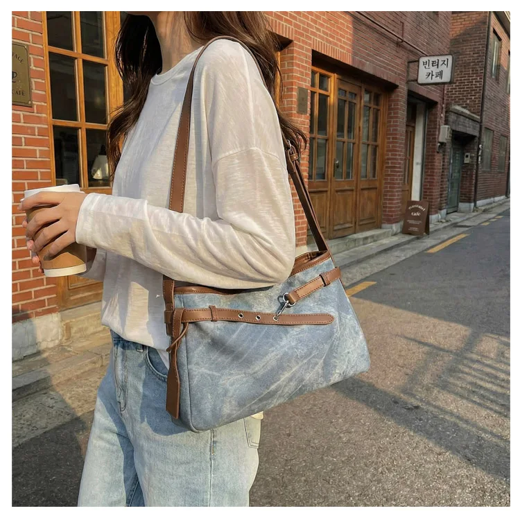 

Винтажная джинсовая сумка-кроссбоди с кожаными ремнями, ретро-сумка через плечо для женщин, повседневная, для работы, модная.