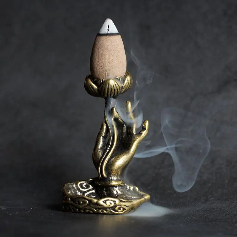 Solid Brass Backflow Incense Burner, Zen Lotus Buddha Hand Antique Style Mini Sculpture Meditation Yoga Home Decor Ancient Craft