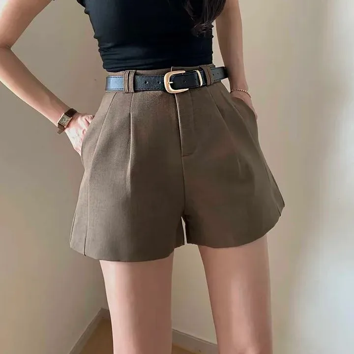 

Korean Style Women's Suit Pants High Waist Loose Wide Leg Short Shorts with Belt Sweet Style Polyester Fiber Summer Fashion
