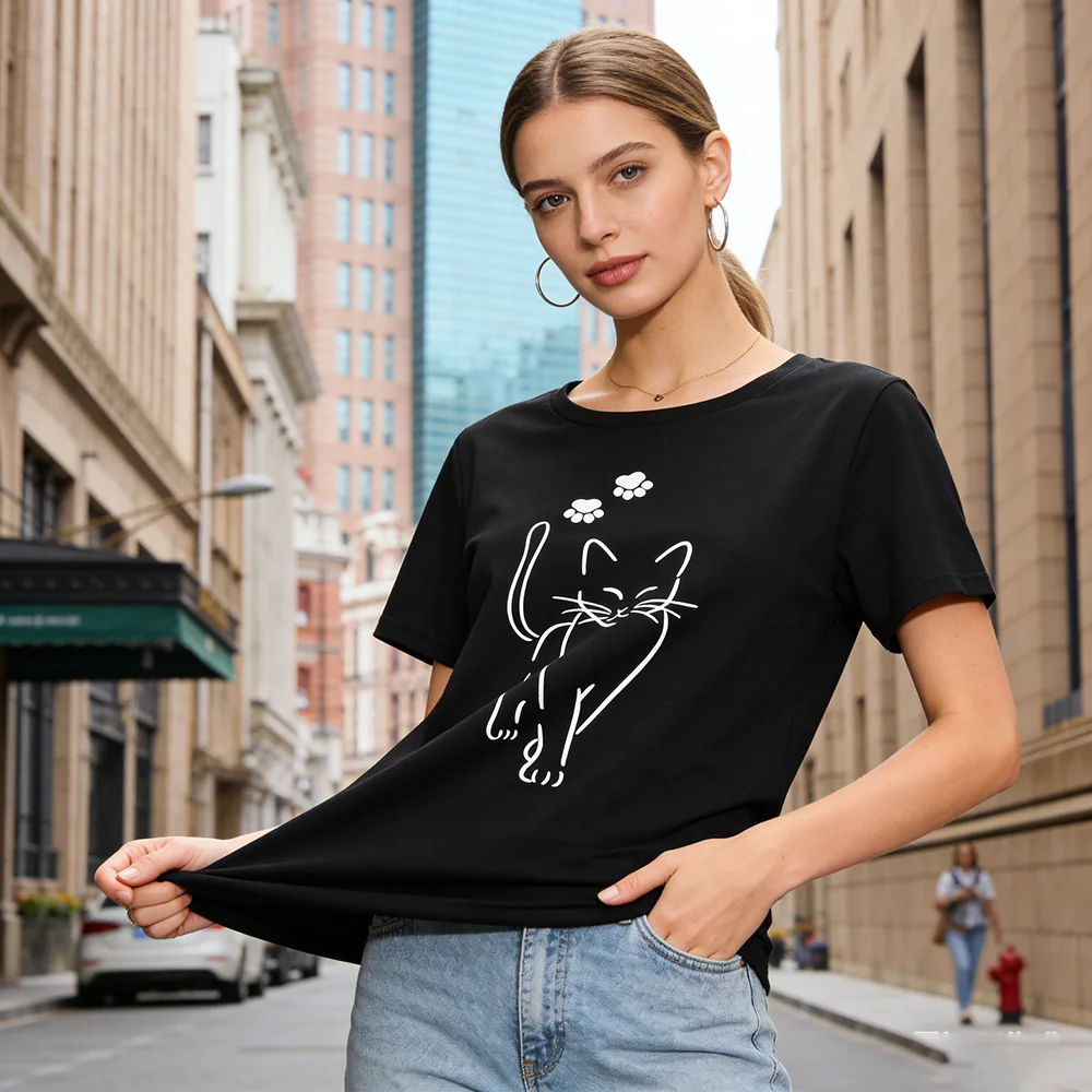 Black Cat Line Art T-Shirt for Women Classic Short Sleeve Top