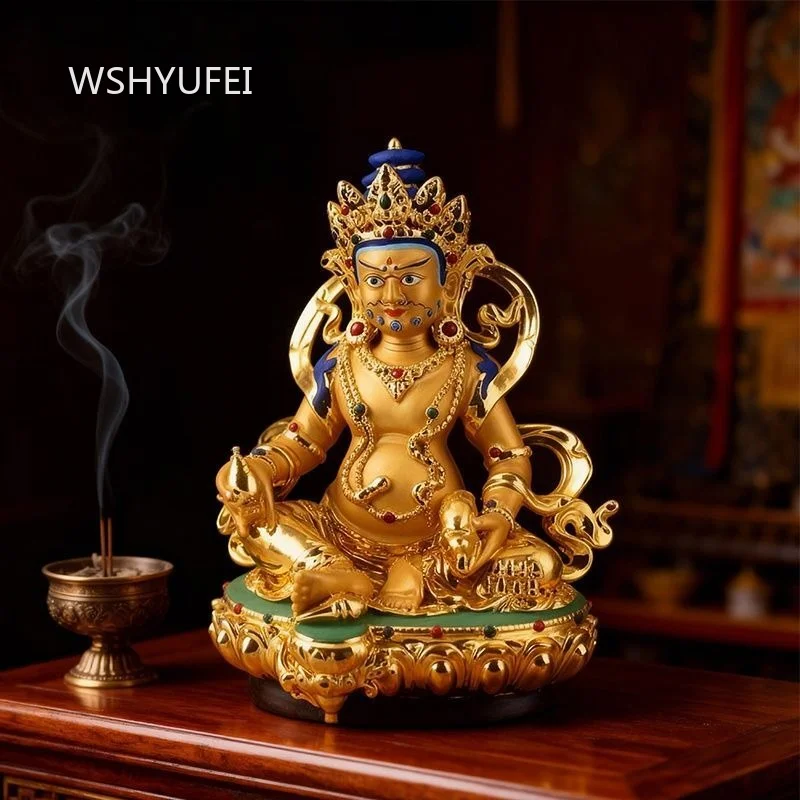 Yellow Jambhala Statue Gold Plated Tibetan Wealth God Figurine with Green Lotus Base for Home Temple and Office Blessing