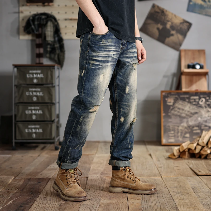 2024Summer New Ripped Jeans Men's Large Size Loose Elastic Retro Worn Looking Washed-out Casual All-Matching190KGPants28-48Size