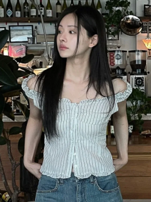 Coréen Sle bleu rayé ort Sve femmes irt dentelle garniture bouton unique printemps été Faion trajet pur e-commerce