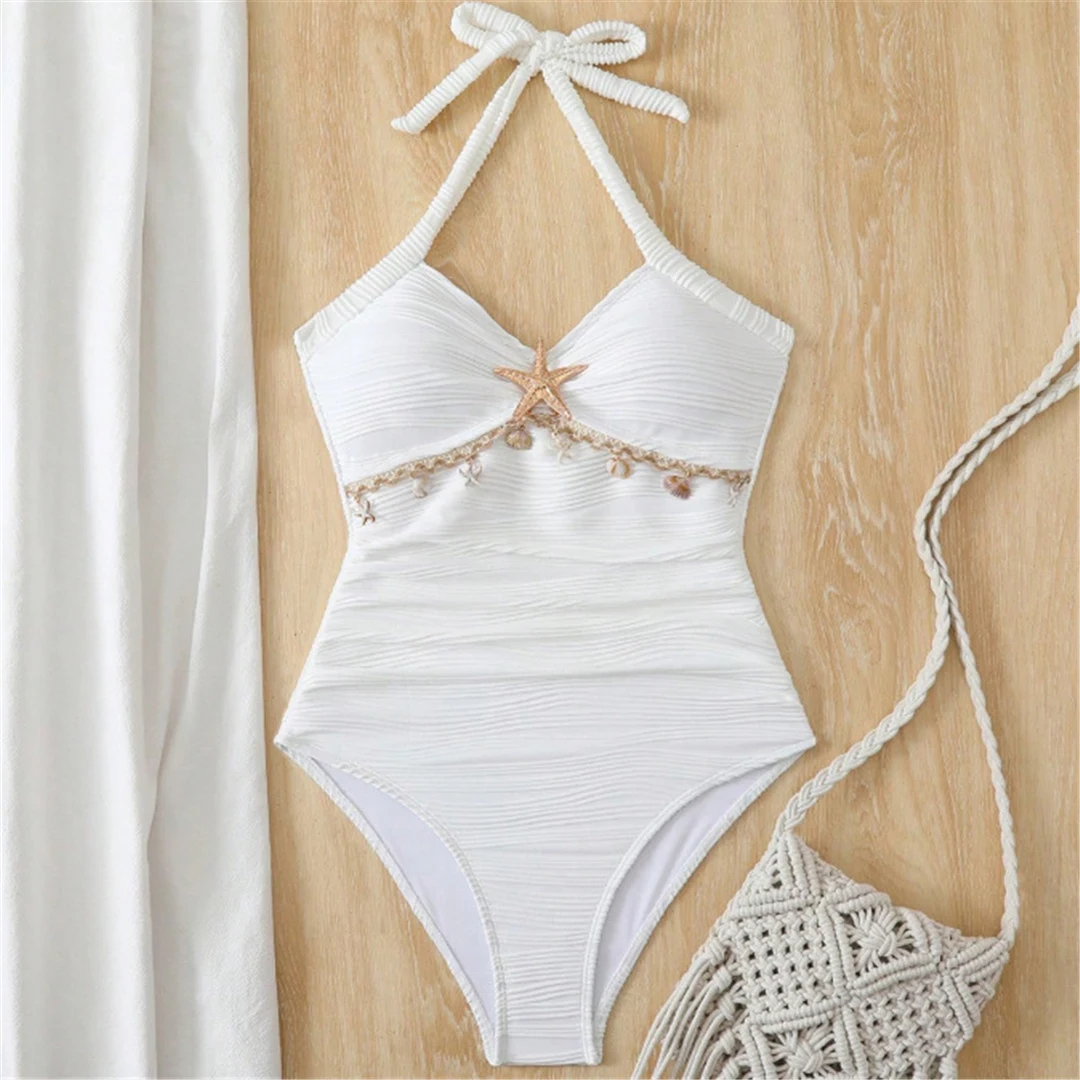 S - XL, Badeanzug mit Wellenmuster, Metallstern-Design, Damen-Badebekleidung, einteiliger Badeanzug, Damen-Badeanzug mit hohem Beinausschnitt, Monokini, Badeanzug, Modell V7850. – Detail 4