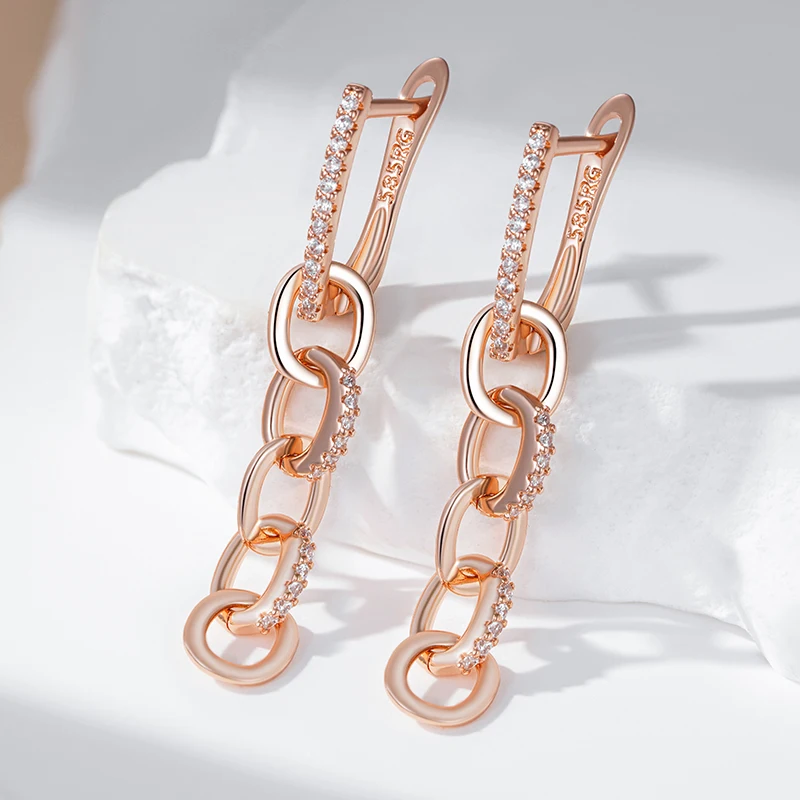 Sparking White Zircon O-Circle Tandem Long Dangle Earrings dla kobiet 585 Złote akcesoria modowe Biżuteria ślubna Biżuteria imprezowa