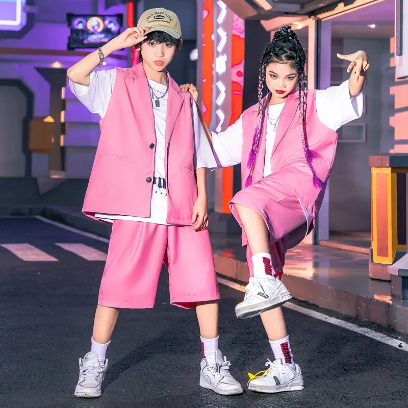 Shorts for Girl Boy Jazz Dance Costume Teenage Clothes Kids Showing Outfits Hip Hop Clothing Pink Sleeveless Blazer Jacket Baggy