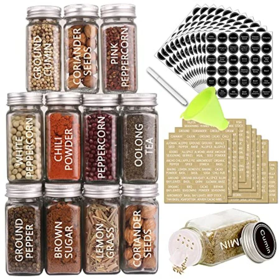 

36 Empty Square Glass Spice Jars with 703 Labels 4 oz Airtight Spice Bottles Featuring Pour Sift Shaker Lid Chalk Marker Funnel