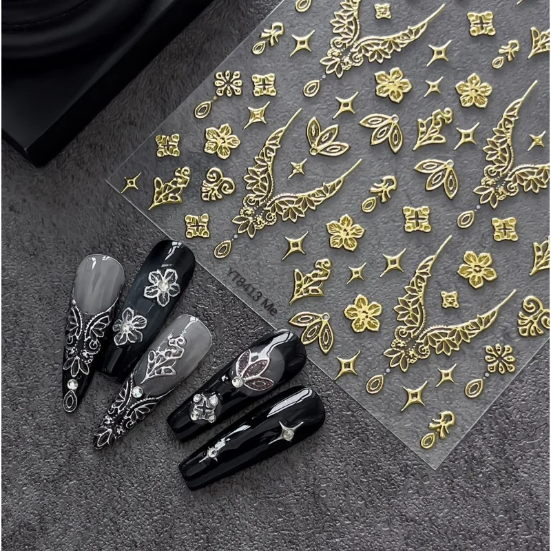 Retro Metal Gold Silver Floral Pattern Nail Sticker 3D Embossed Flower Star Design Self-adhesive DIY Nail Art Decoration Sticker