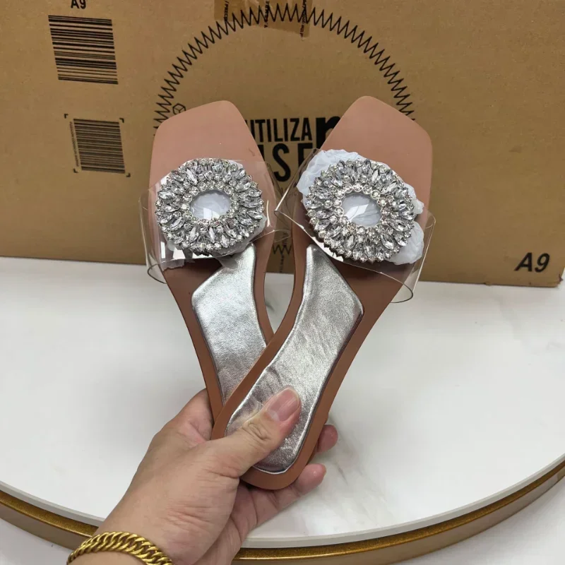 Women\'s Slippers Flat Bottom Outside Shoes Female Large Crystal Buckle Design Transparent Slides Summer 2024 Ladies Flip Flops