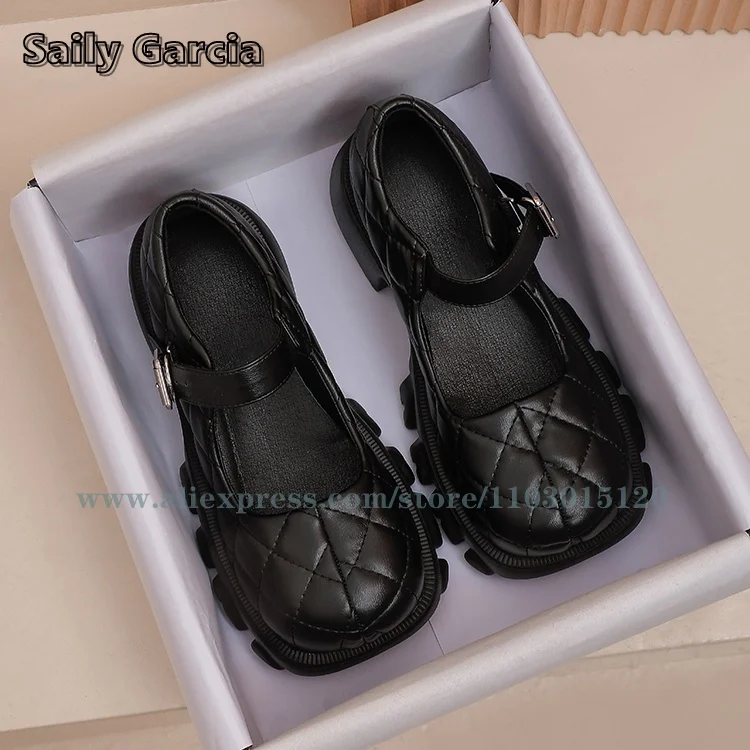 Zapatos tobilleros de cuero genuino para mujer, calzado informal con suela gruesa, Correa con hebilla, punta redonda, plataforma, combina con todo, novedad de verano