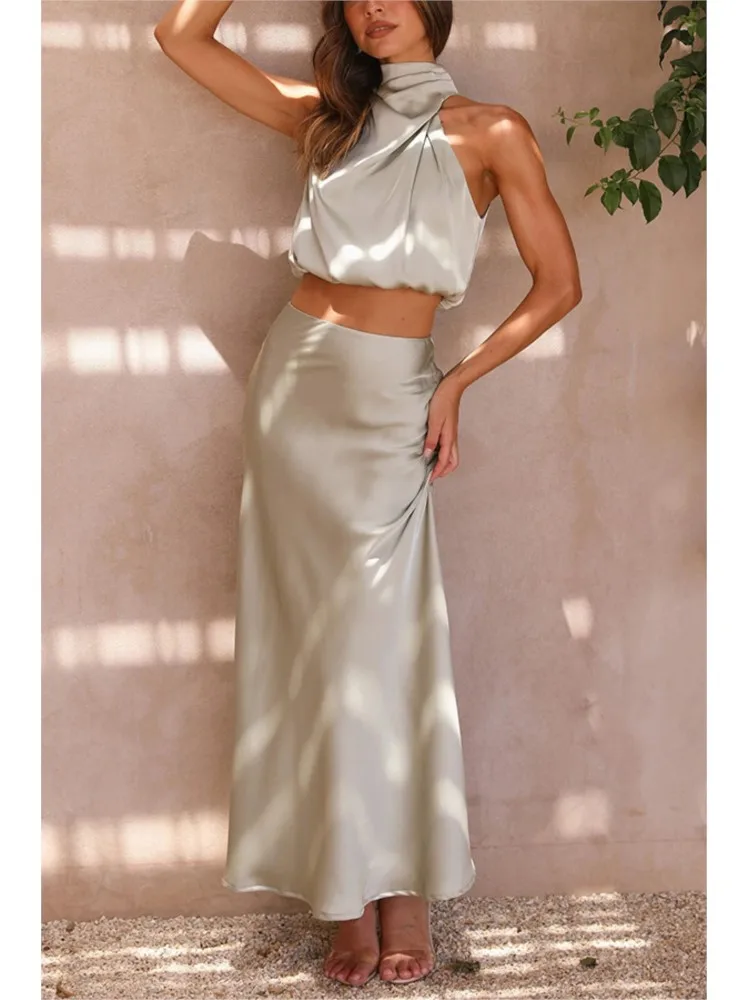 Women\'s Two-Piece Satin Long Skirt Sleeveless Fashion Off The Shoulder Elegant Solid Color Short Top A-line Skirt Two-Piece Set