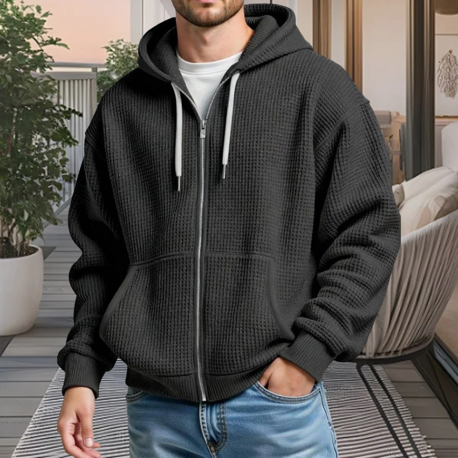 

Men's Spring Fall Jacket Solid Color Waffled Zipper Up Lightweight Long Sleeve Hoodies