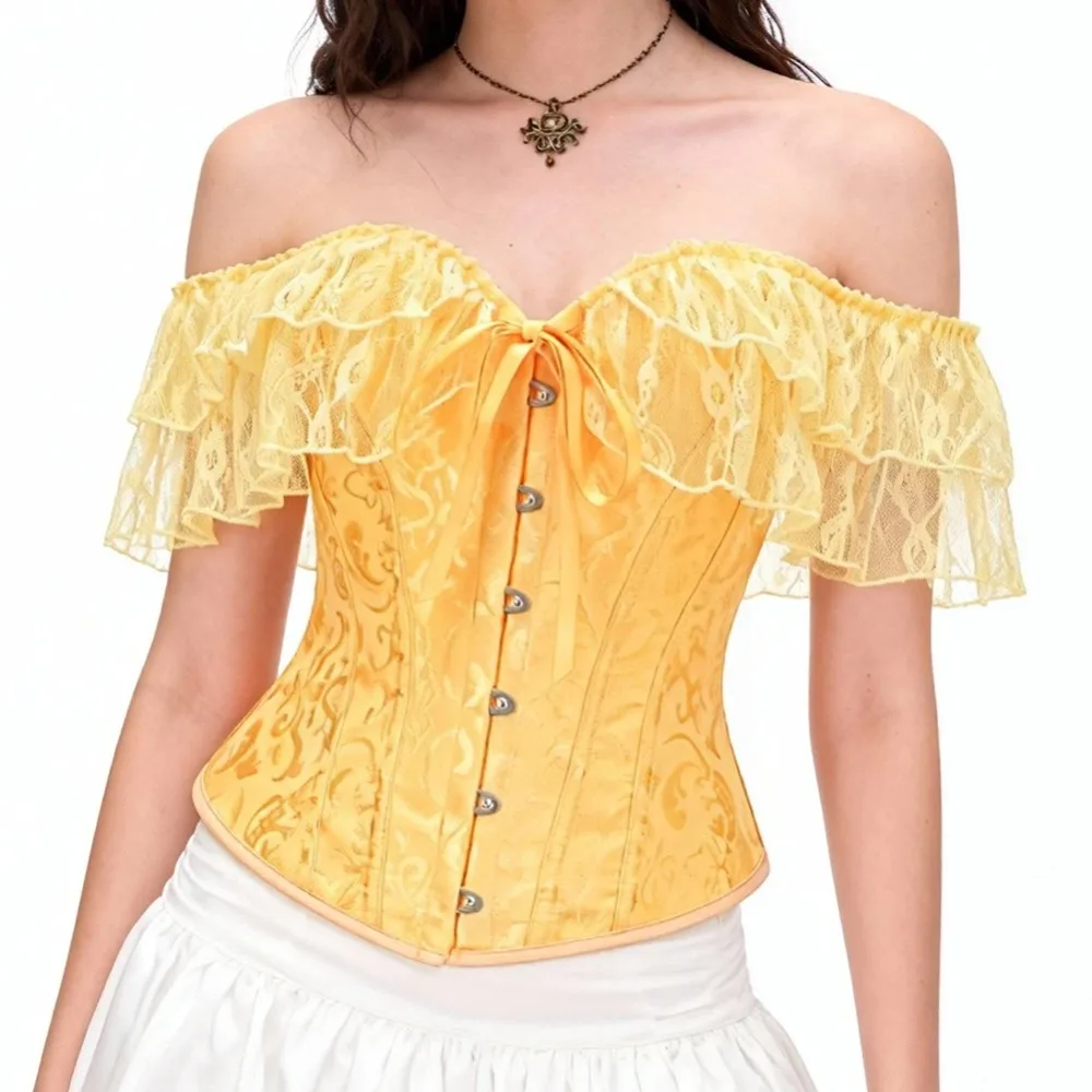 

Женский жаккардовый корсет-бюстье с кружевными оборками, на косточках, моделирующий фигуру, викторианский стиль, утягивающий талию, готический корсет