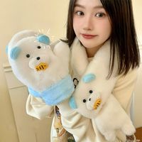 Fashion Finger Gloves Bear Earmuff Scarf Hanging Rope Eat Fish Winter Plush Earflap Cute Windproof Plush Scarf Glove Set Skiing