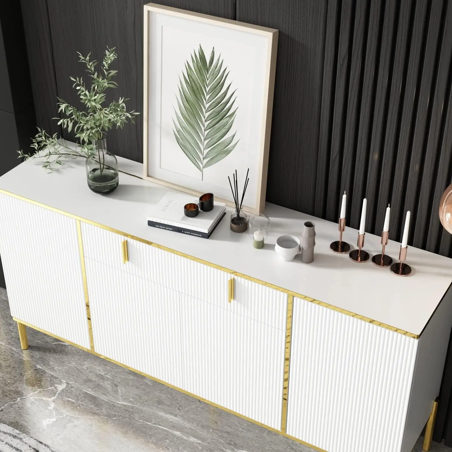 FAMAPY modern credenza sideboard buffet with drawer and pop-up doors, gold metal legs, for living room or hallway.