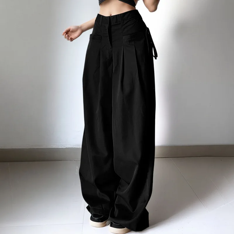 Spring Autumn Women's Fashion Loose Low Waist Woven Pants Casual Streetwear Hip Hop Straight Suit Trousers