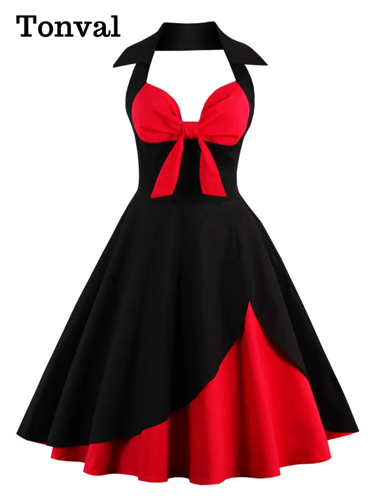 Tonval Knoop Front Sexy V-hals Halter Party Vrouwen Vintage 50S Pinup Jurk Zwart En Rood Twee Tone Backless Katoen jurken