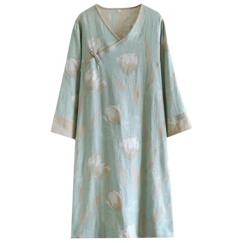 Chinese-style Yarn-dyed Pure Cotton Nightgown Women's Thin Gauze Loungewear Autumn Retro Long-sleeved V-neck Loose Sleep Dress