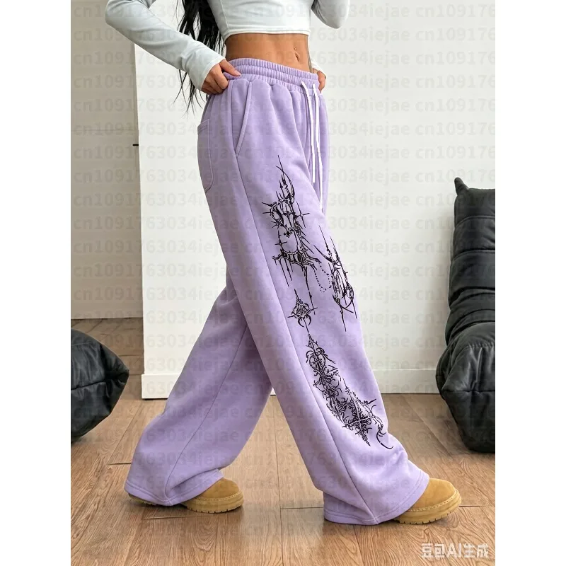 Versatile Fashion Trendy Street Style Casual Retro Y2K Punk Religious Pattern Print Women'S Kid Casual Black Straight-Leg Pants