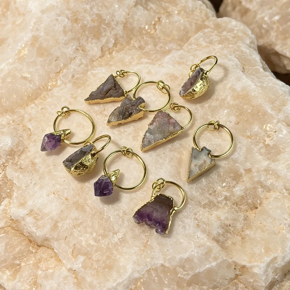 Ethnic Tribal Chakra Handcrafted Arrowhead Hoop Earrings Golden Plated Assorted Rough Natural Semi Precious Stone Bulk P2D1019