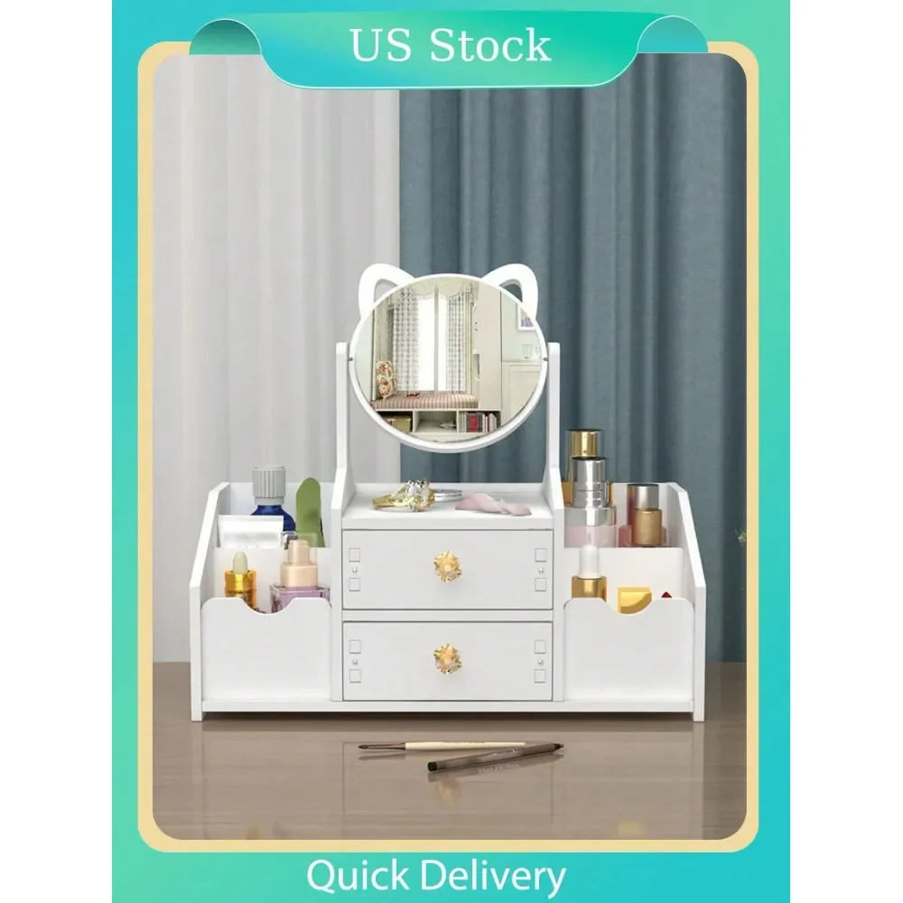 White Cosmetics Storage Box, Portable Large Capacity Skin Care Products Home Desktop Organizing Shelf,Cosmetic Mirror