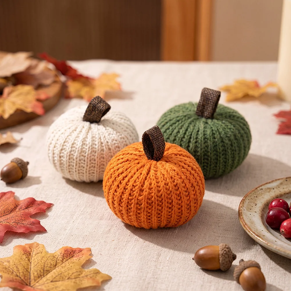 6Pcs Knitted Miniature Pumpkins Soft Fabric With Burlap Stems Autumn Harvest Decor For Thanksgiving Halloween Home Party Ornamen
