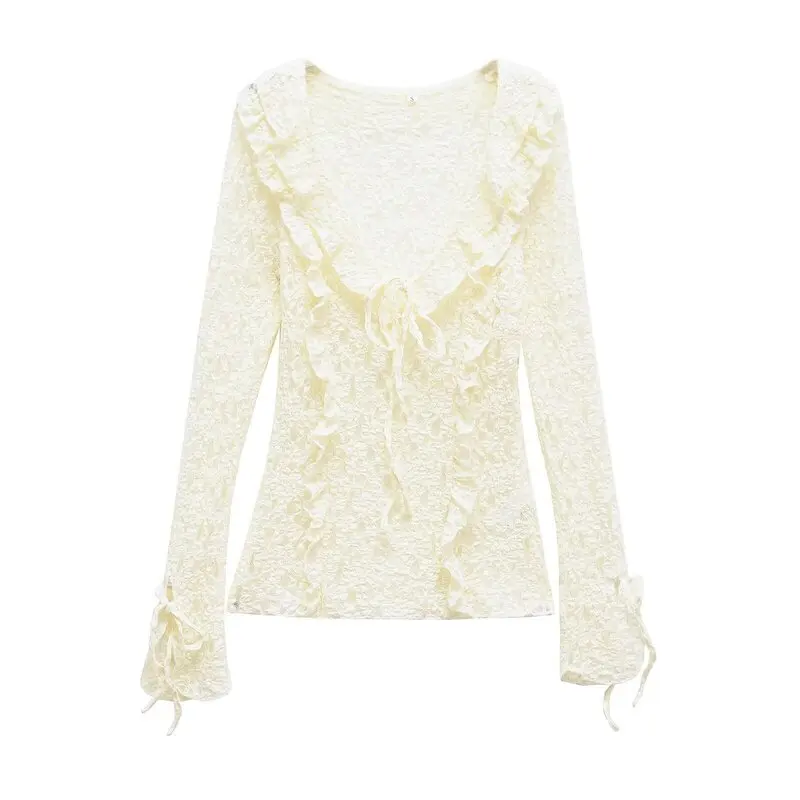 Wiosna 2025 Damska Długa Bluzka z Dekoltem w Serek, Koronkowymi Warstwami i Ozdobami, Modny Design, Uniwersalna, Regularna Długość, Inne Materiały...