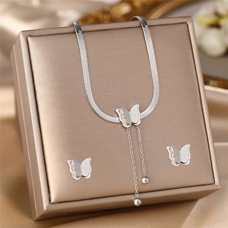 316L Stainless Steel Non Fading Female Tassel Double-layer Butterfly  Blade Chain Necklace Earrings Wedding Jewelry Set