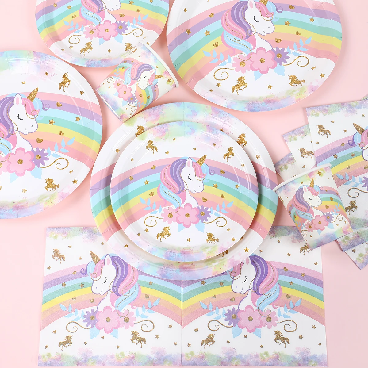 Regenbogen-Einhorn Einweggeschirr für die 1. Geburtstagsfeier – Einhorn-Motto-Dekorationen für Kinder, Hochzeiten, Babypartys und Mädchen-Partys – Detail 6