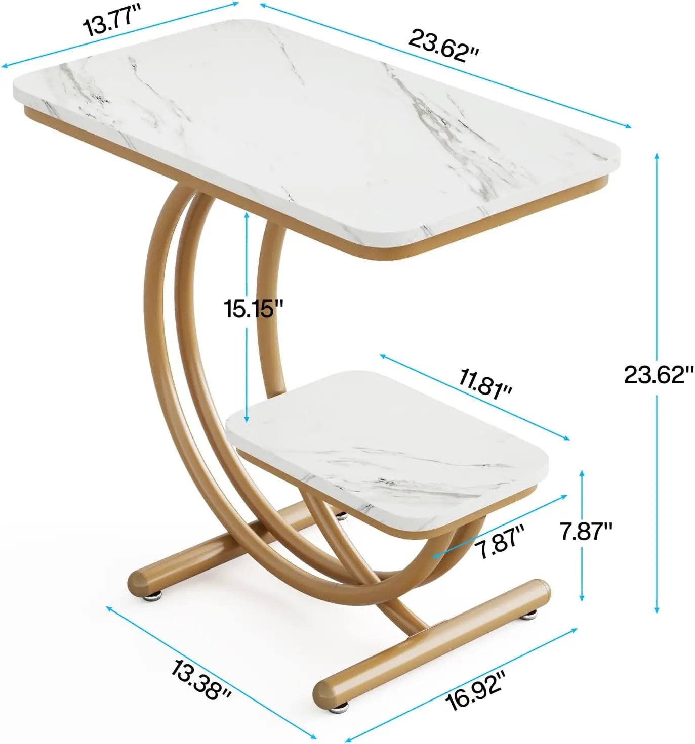 Meja samping dengan Marmer imitasi, meja samping tempat tidur 2 tingkat bentuk C kaki logam untuk ruang tamu, meja samping tempat tidur putih & emas