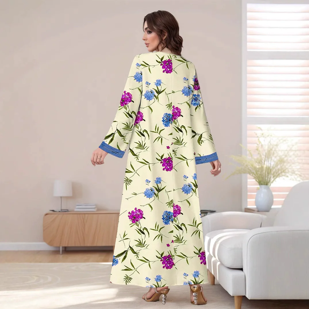 Eid Party Robe musulmane pour femmes Abaya col en V imprimé Floral chaîne taille Maroc robes de soirée caftan arabe longue Robe robes