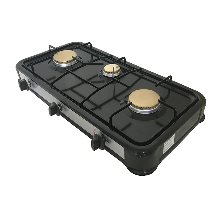 뚜껑이 있는 검은색 휴대용 가스 스토브 광동 3개 버너