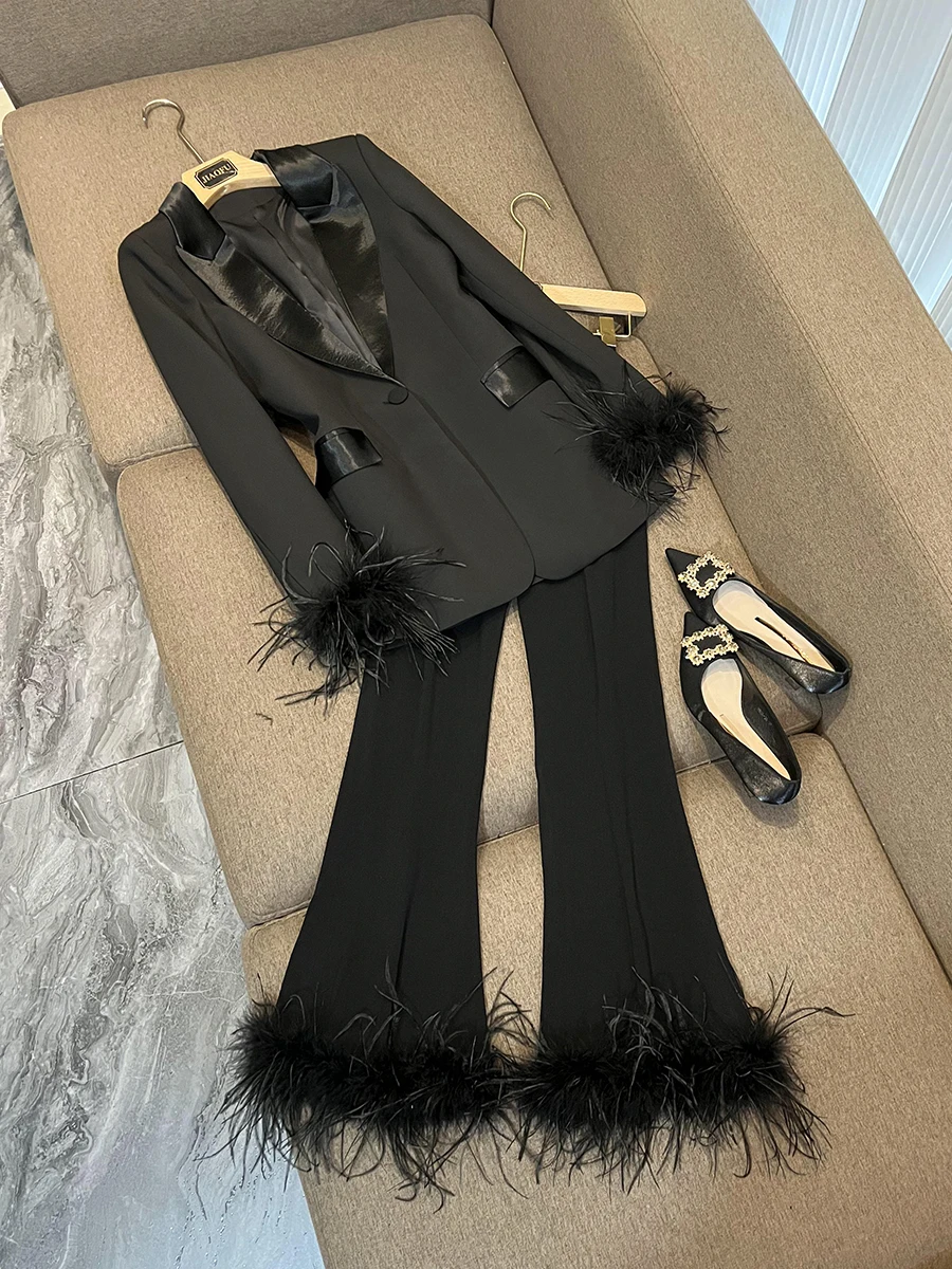 European Style Luxury High Street Feather Patchwork Suit White Suits Chic Women 2 Pieces Pants Set