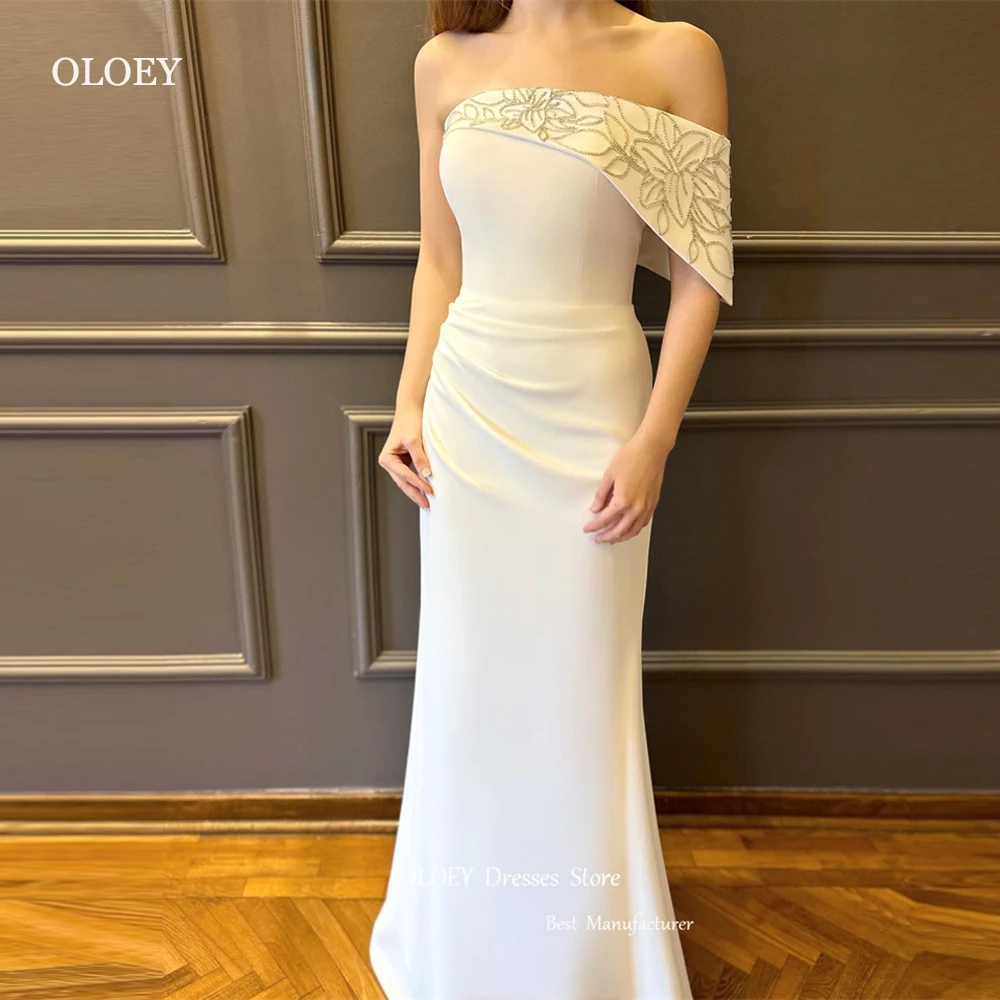 

OLOEY Handmade Beads Women Arabic Evening Dresses White Off Shoulder Elegant Mermaid Formal Party occasion Dress Prom gowns