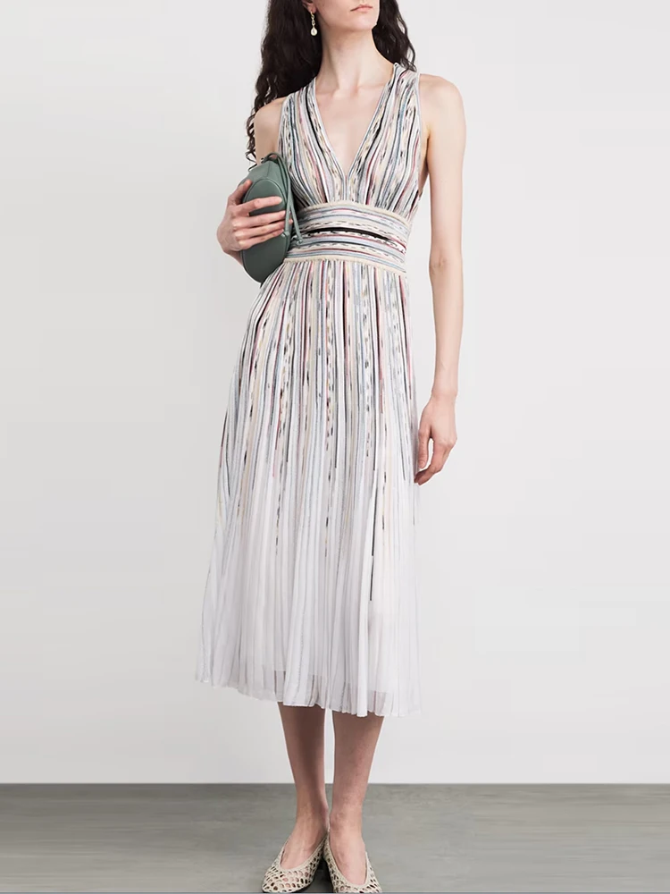 Summer Fashion Party Vintage Striped Knitting Midi Dress Women's Deep V-Neck Sleeveless High Waist Slim A-Line Dresses