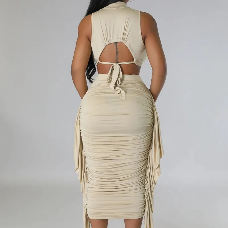 Summer New Women's Sexy Solid Tight Open Navel Tank Top & Ruffle High Waist Skirt Set Female Fashion Skinny Short Pants Outfits