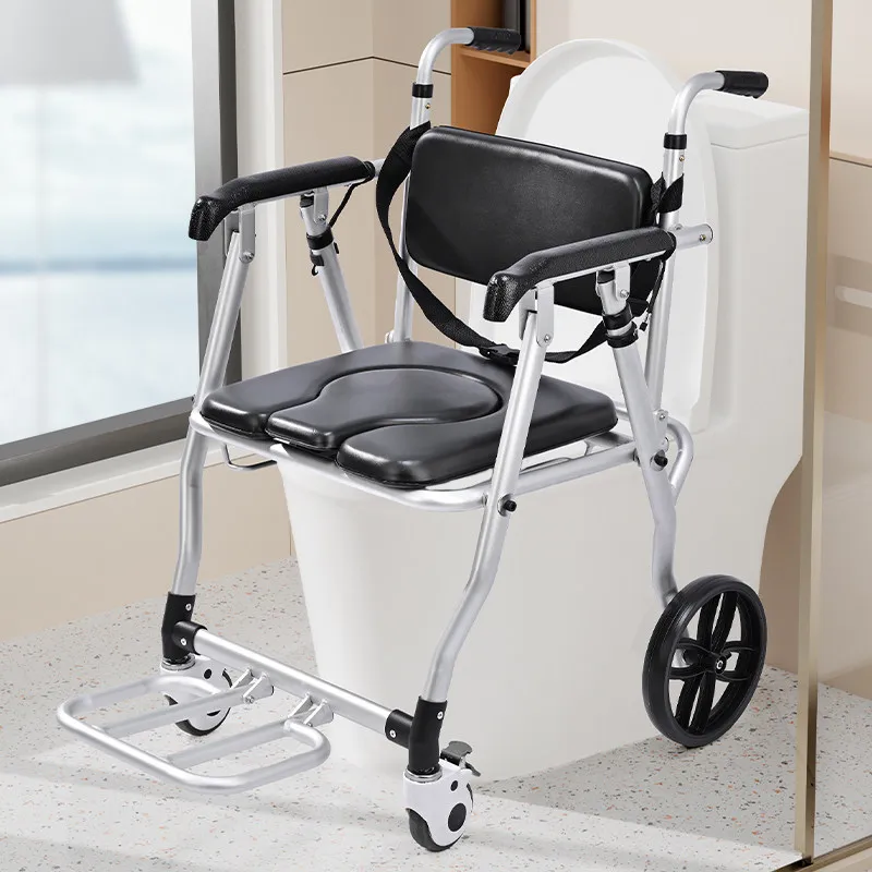 Portable Toilet Chair Commode with Wheels Foldable Shower Chair Convenient Adult Mobility Aid Bathroom Chair Transfer Chairs
