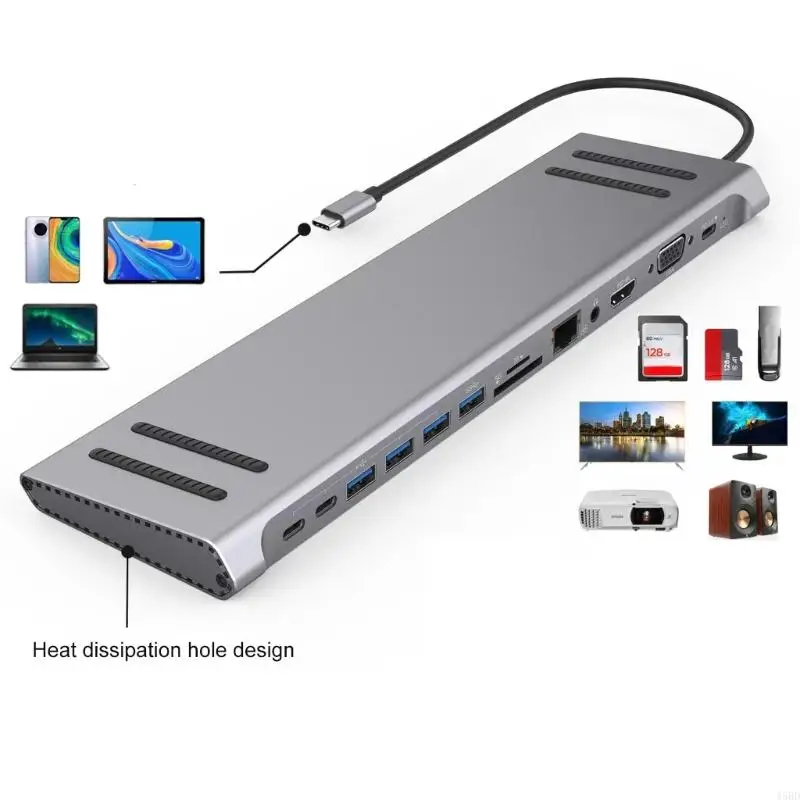 14-in-1-Typ-C-Hubs, Multiport-Adapter mit HDMIs VGA PD3.0, Ethernet, RJ45, TF-Karte, USB-C-Anschluss für Laptops, Smartphones