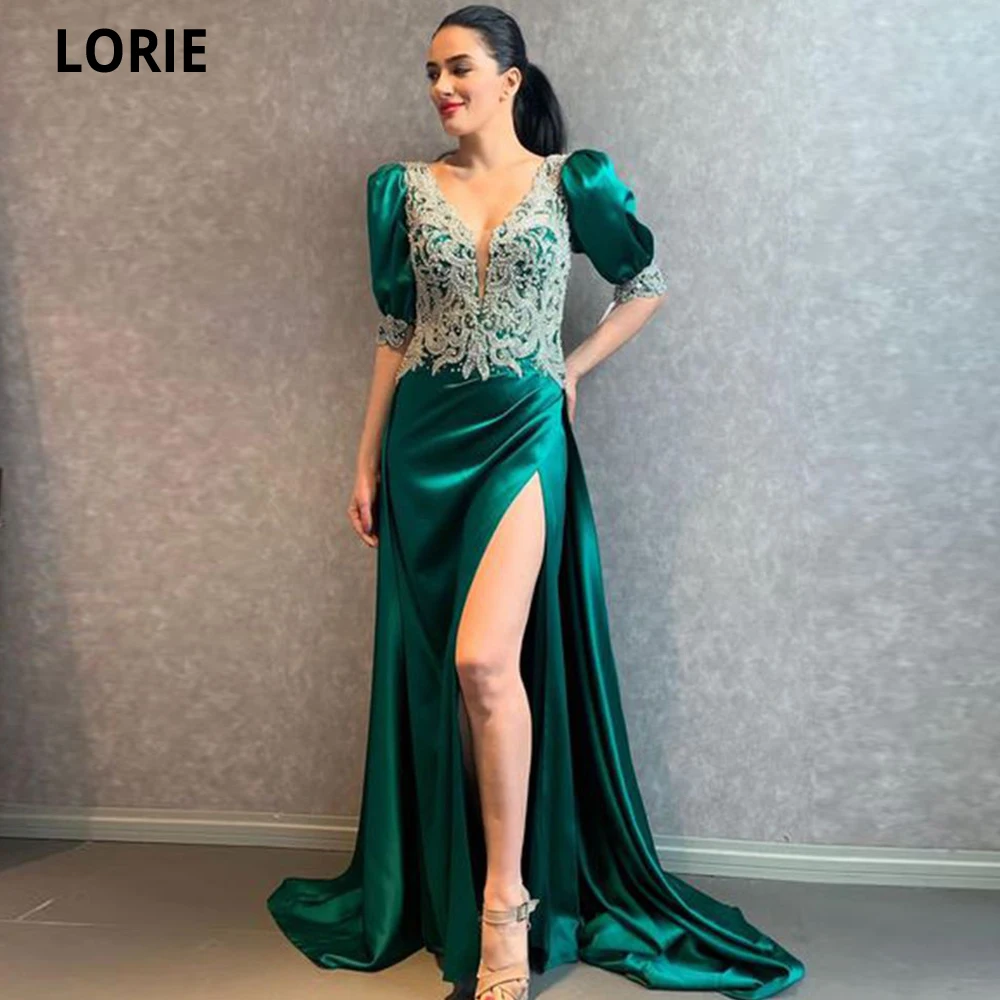 

LORIE Lace Appliques Satin Mermaid Prom Dresses Sexy Side Split Formal Evening Gowns Long Vestidos De Gala Vestidos De Noche