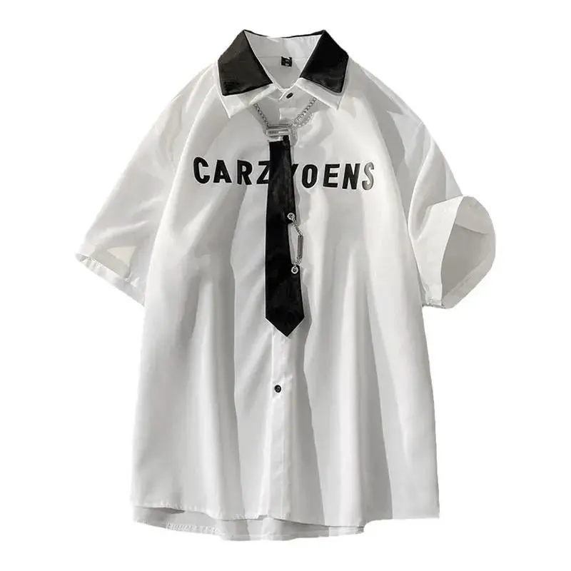 

Color Blocked Tie Shirt Men's High-end Short Sleeved Summer Trend Loose Half Sleeved Casual College Style Shirt DK Uniform Japan