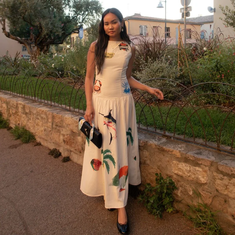 Abito lungo da donna con stampa senza maniche, cinturino largo senza schienale, abiti Boho, gonna ampia, orlo, abito lungo, abiti da donna di nuova moda 2025