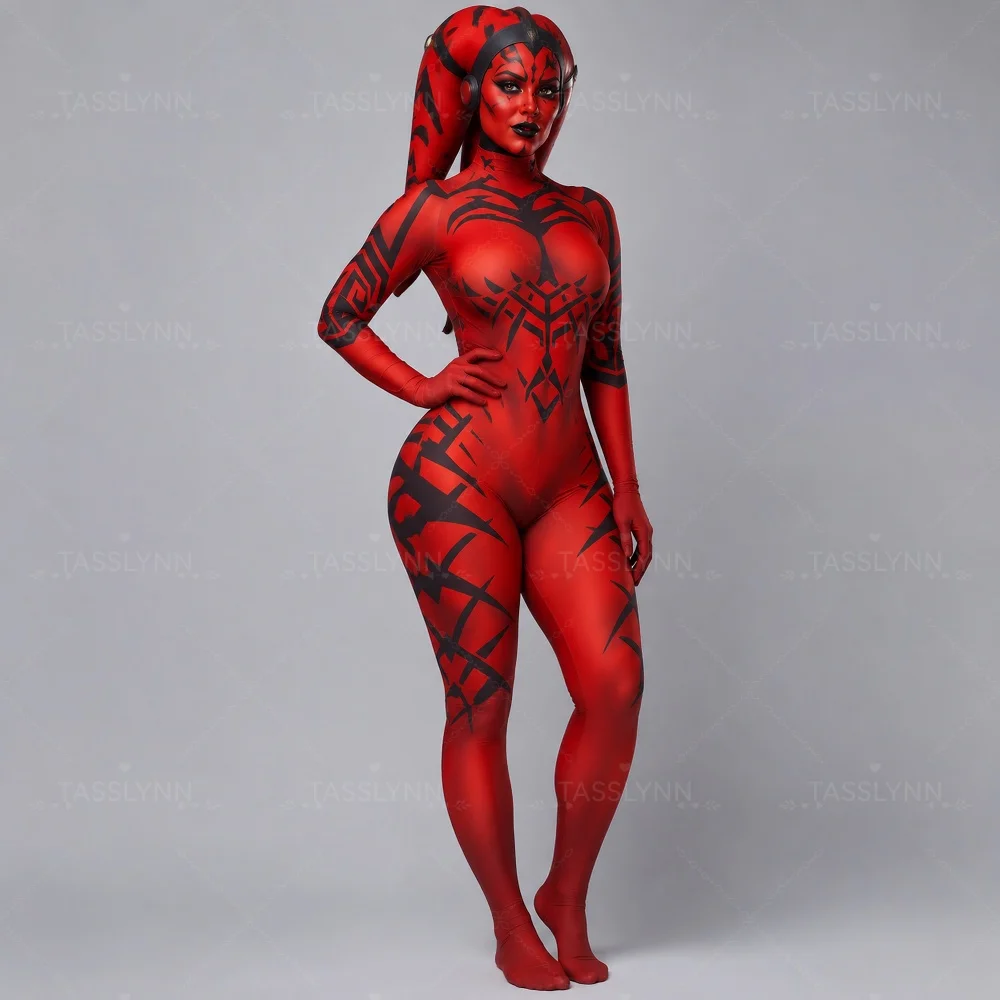 Darth Talon Cosplay Zentai Bodysuit Sith Tribal Tattoo Full Jumpsuit Halloween Costume Women Twi'lek Sith Warrior Cos Outfit view 4