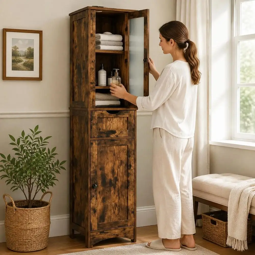 Badezimmerschrank mit 2 Türen und 1 Schublade, freistehender hoher Schrank, 40 x 30 x 170 cm, rustikal braun, MDF mit Sicherheitsglas für kleine Badezimmer, Küchen und Ecken im Wohnzimmer