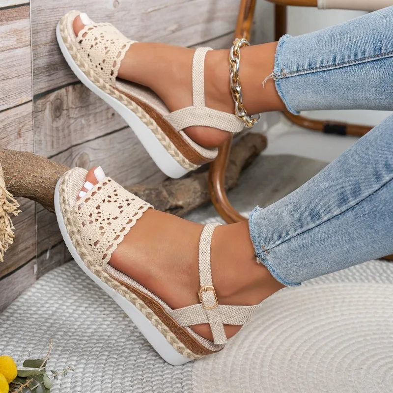 Women Lace Wedge Sandals Espadrille Platform Peep Toe Ankle Strap Summer Casual Shoes Comfortable Outdoor Beach Walking Dressy view 5