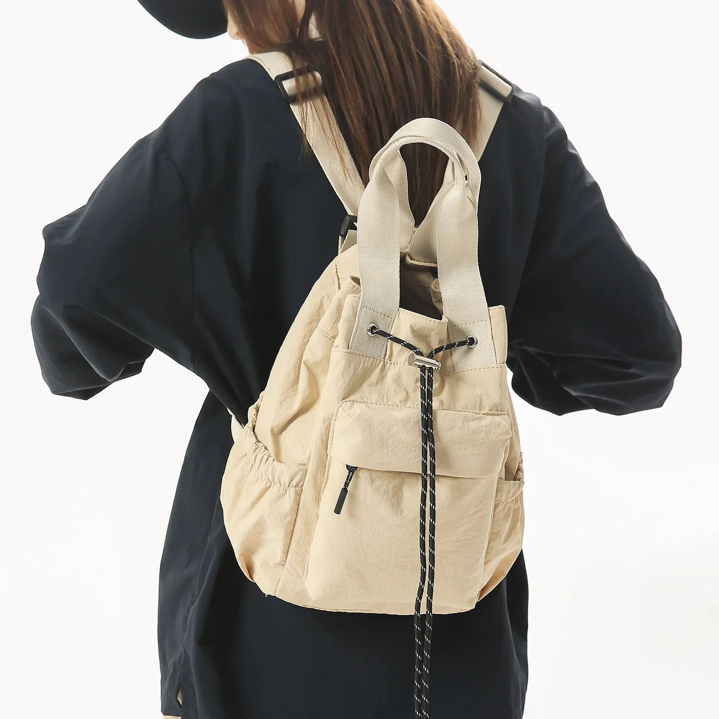 Women Casual Backpack Lightweight Nylon Daypack Female Travel Shoulder Bag With Front Pocket Drawstring And Side Pockets Daily